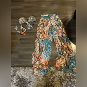 Teal and Orange Paisley Wide-Leg Pants with Matching Top